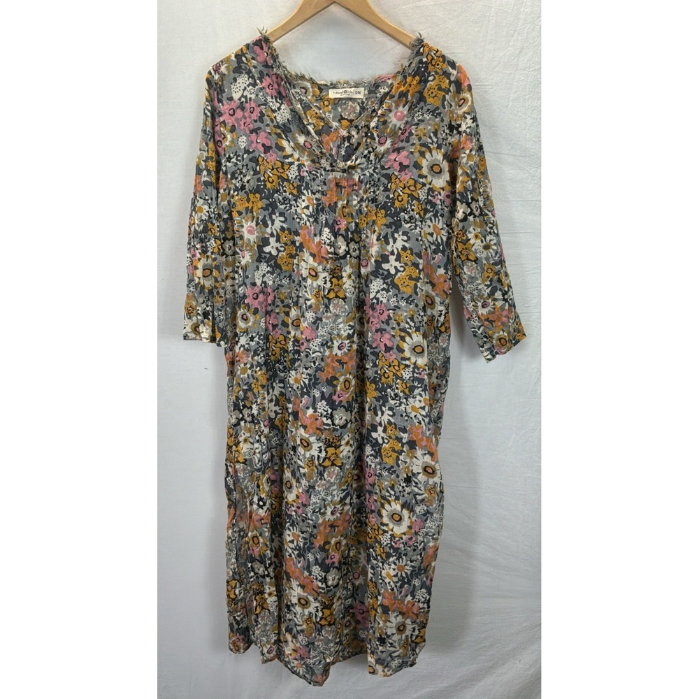 Natural Life Gray Raw Hem Floral Tunic Cover Up Swim Beach S/M Sheer Cotton